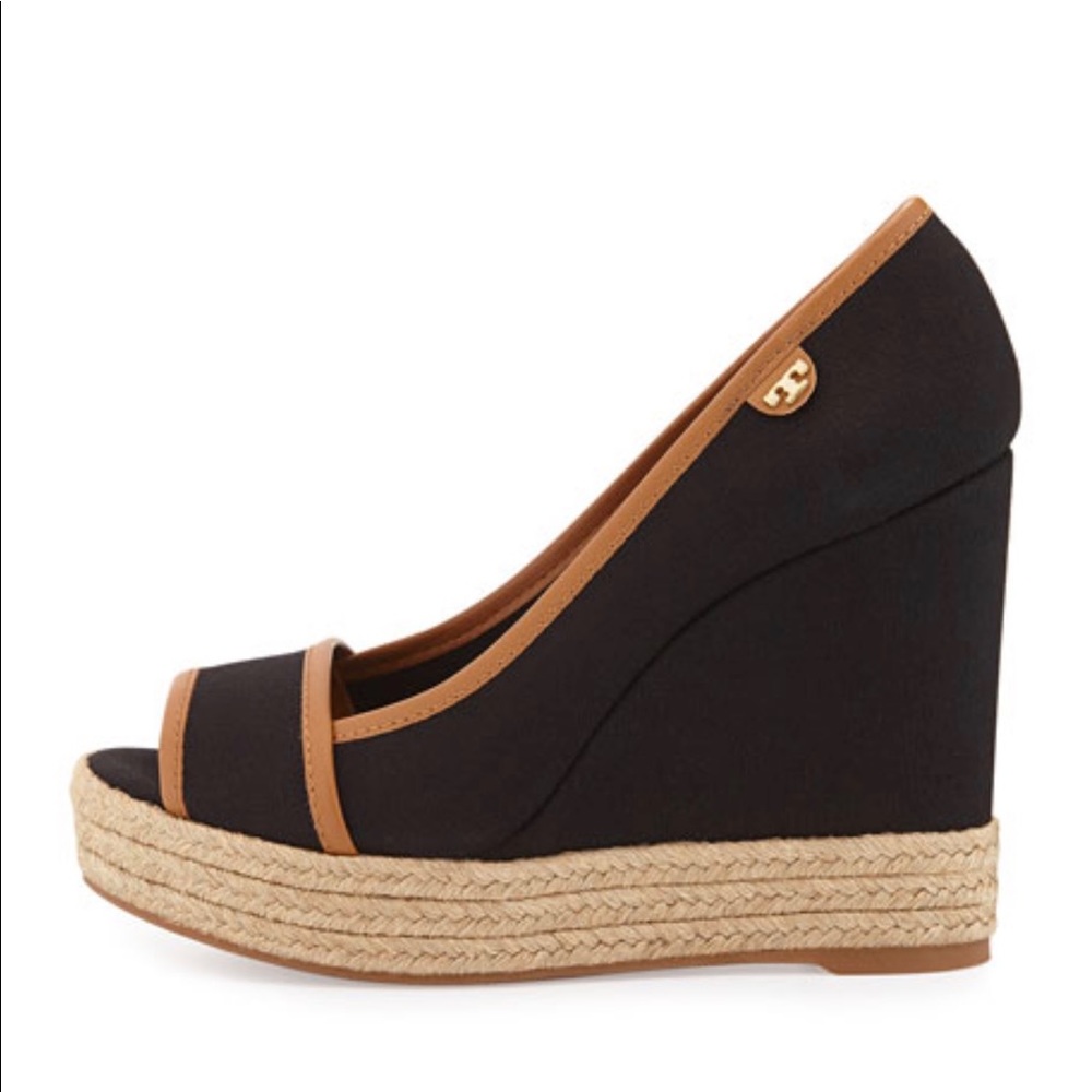 Tory Burch Majorca Peep-Toe Canvas Wedge Black/Tan - Picture 2 of 4